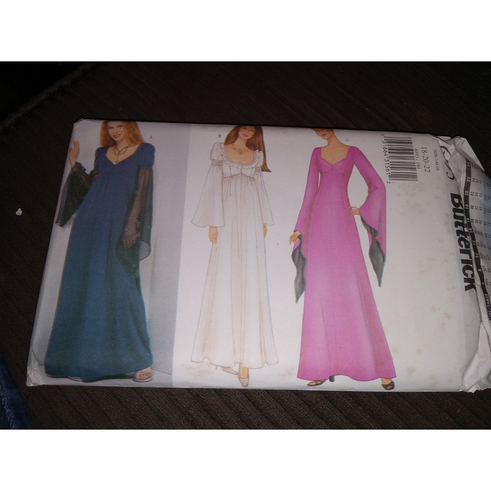 Butterick Sewing‎ Pattern Women's Gothic Gown Angel Sleeves 6593 18 20 22 UNCUT
